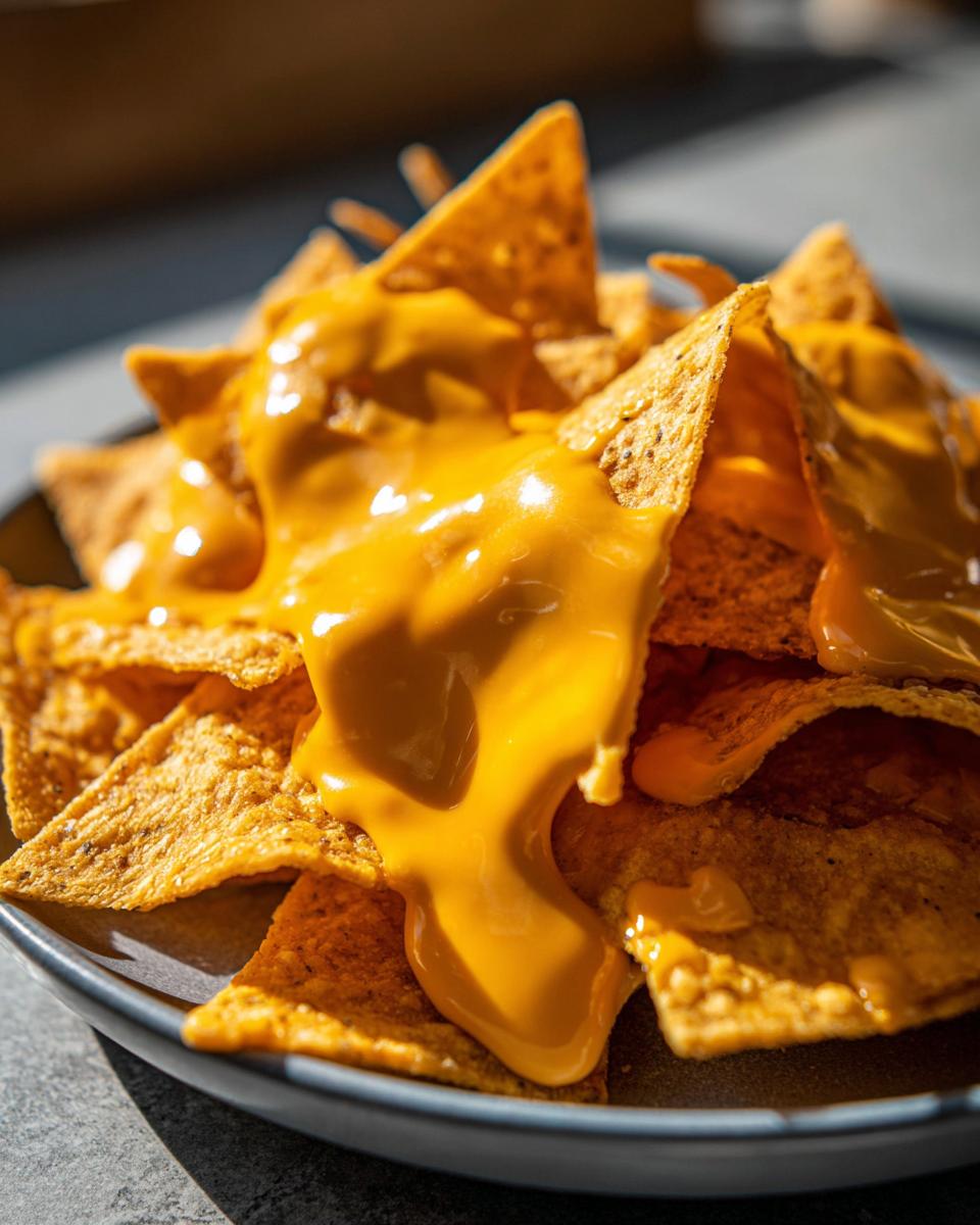 Close-up of crispy tortilla chips generously covered in thick, bright orange nacho cheese sauce.
