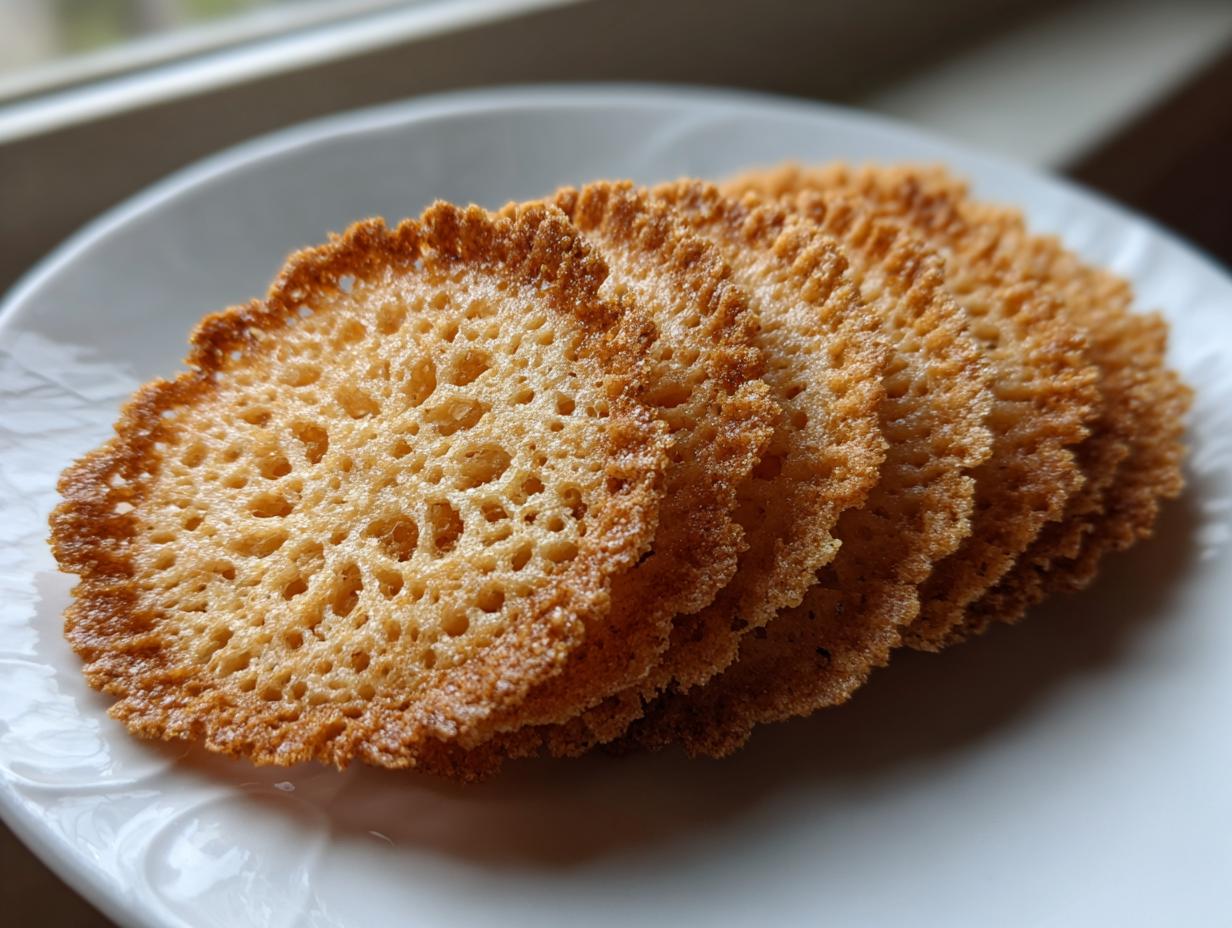 A stack of thin, golden brown, lacy oatmeal lace cookies with delicate holes, resting on a white plate.