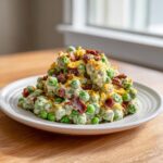 A mound of creamy pea salad mixed with bacon bits and shredded cheddar cheese served on a white plate.