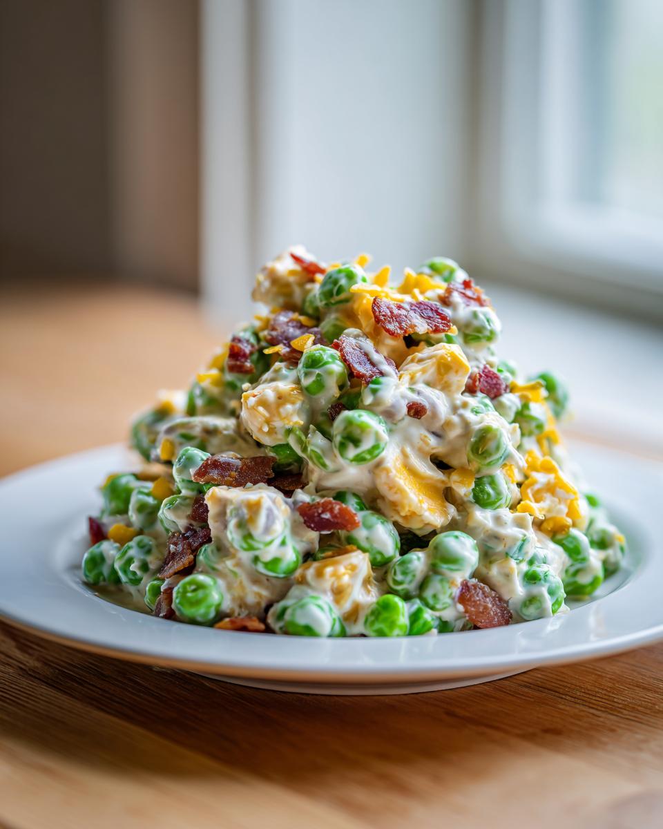 A mound of creamy pea salad mixed with cheese and topped with crispy bacon crumbles, served on a white plate.