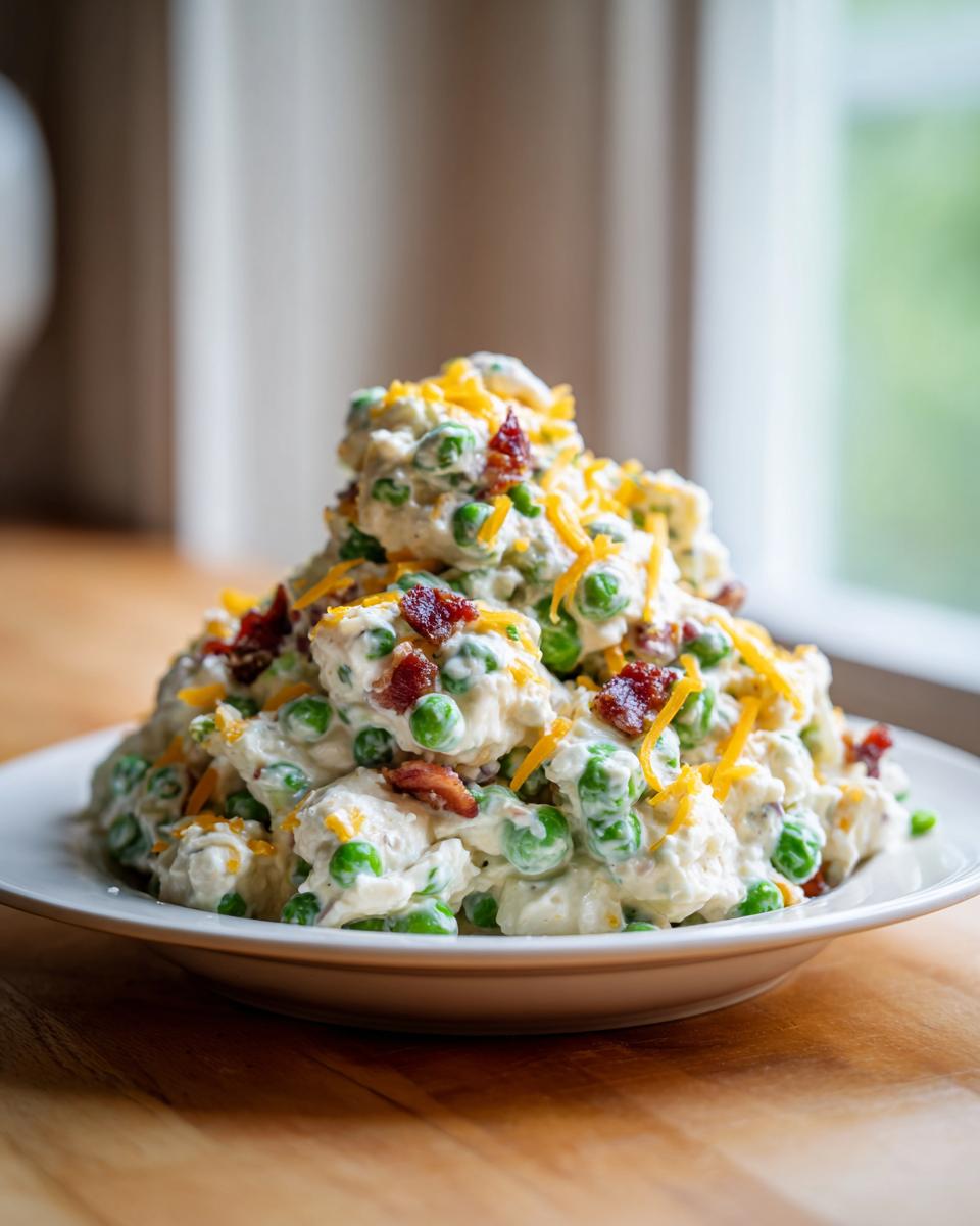 A large mound of creamy pea salad mixed with bacon bits and topped with shredded cheddar cheese.