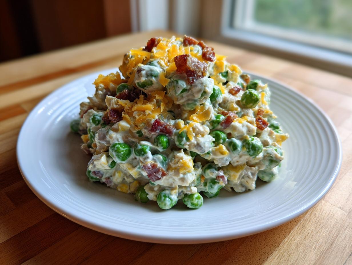 A mound of creamy pea salad topped with shredded cheddar cheese and crispy bacon bits, served on a white plate.