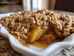 A close-up view of a serving of warm pear crisp, showing the bubbling spiced pear filling beneath a crunchy oat topping.