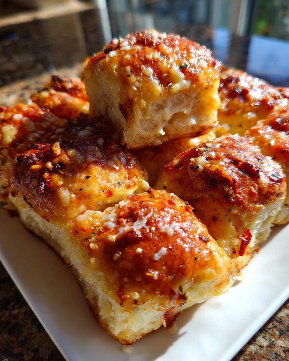 A close-up stack of freshly baked pizza sliders, glistening with melted cheese and herbs.