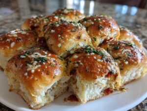 A pile of freshly baked pizza sliders brushed with garlic butter, topped with melted cheese and parsley.