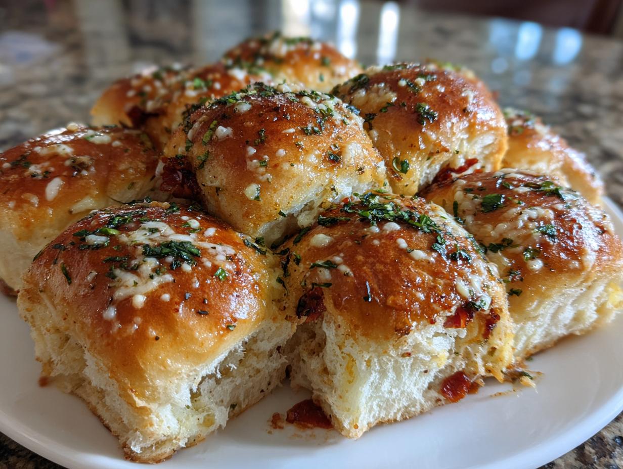 A pile of freshly baked pizza sliders brushed with garlic butter, topped with melted cheese and parsley.