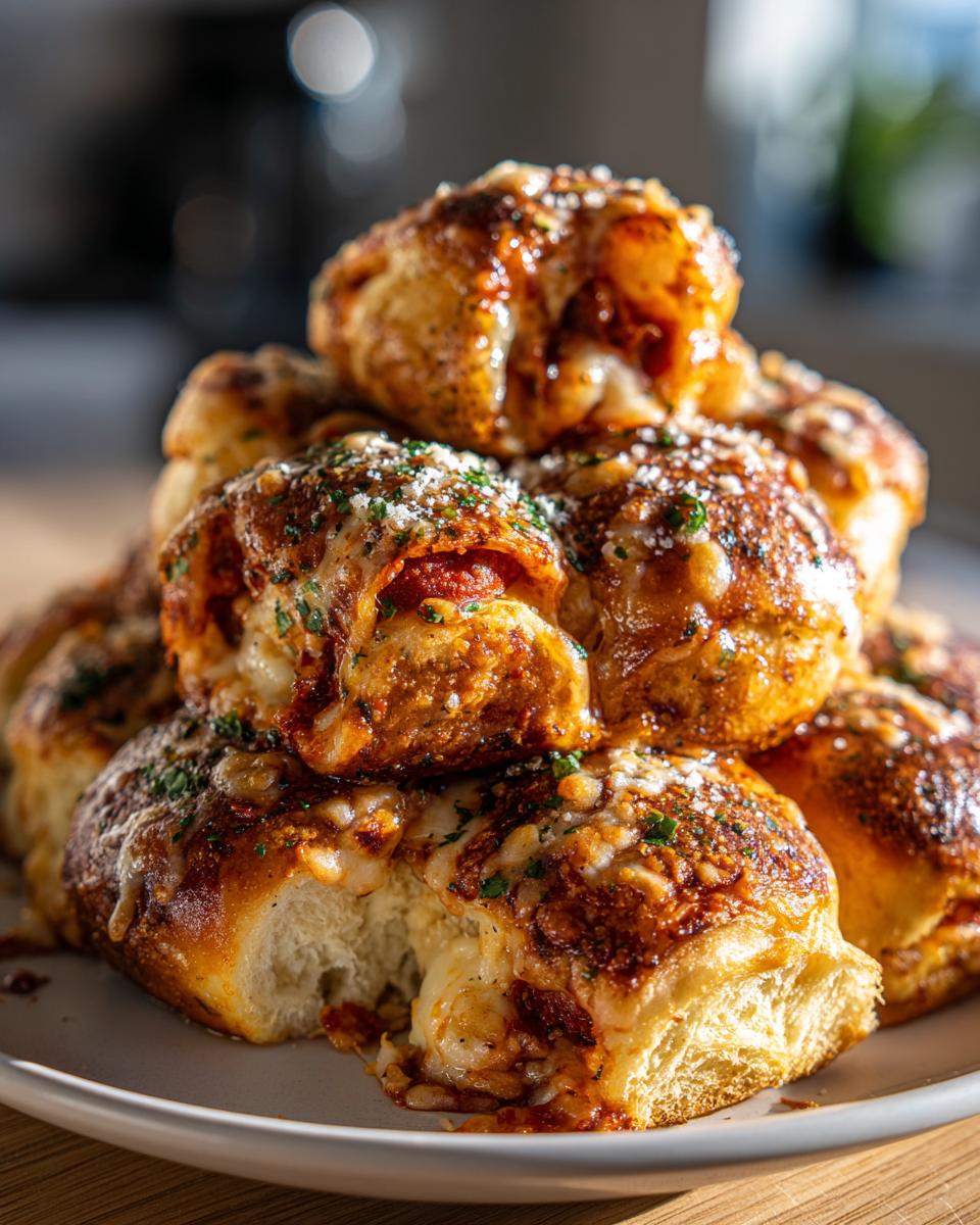 A stack of gooey, cheesy pizza sliders topped with sauce, Parmesan, and parsley.