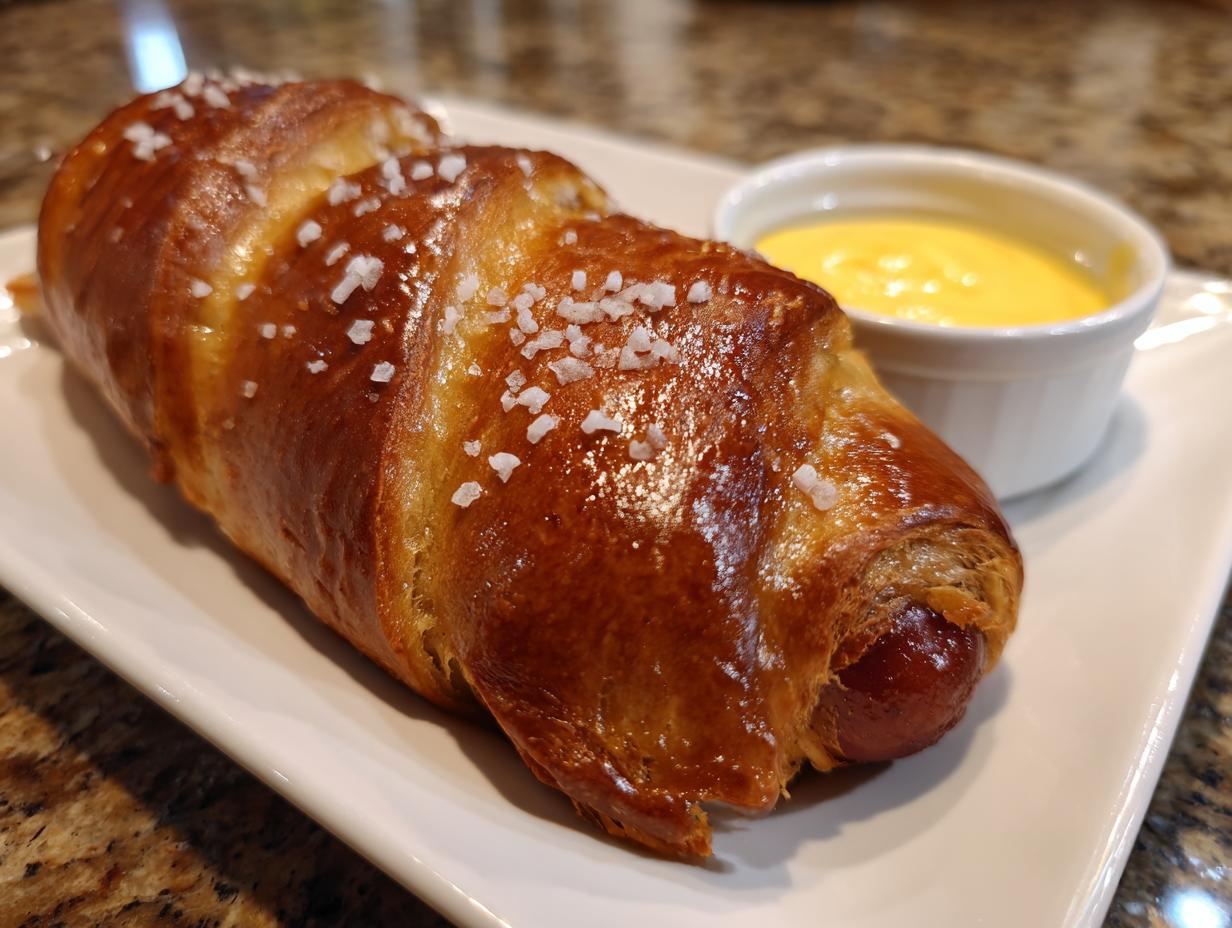 A close-up of a freshly baked pretzel dog, sprinkled with coarse salt, served with a side of bright yellow cheese sauce.