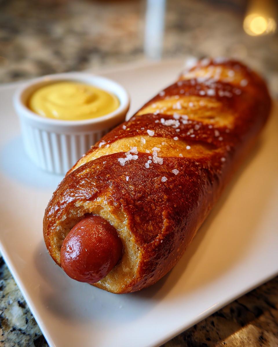 A freshly baked pretzel dog, sprinkled with coarse salt, served on a white plate next to a small dish of yellow mustard.