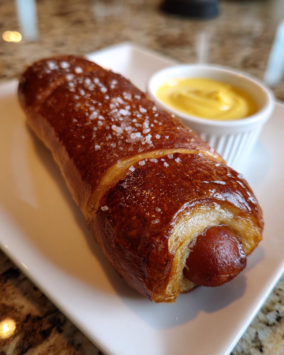 A single, glossy pretzel dog sprinkled with coarse salt, served on a white plate next to a small ramekin of yellow mustard.