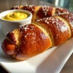 A close-up of a freshly baked pretzel dog, sprinkled with coarse salt, served on a white plate next to a small dish of yellow mustard.