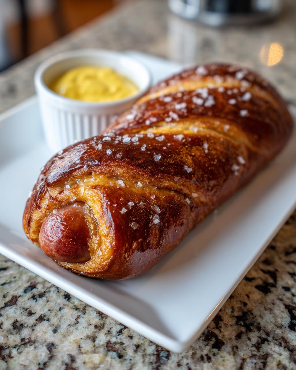 A freshly baked pretzel dog, shiny and topped with coarse salt, served on a white plate next to a small dish of yellow mustard.
