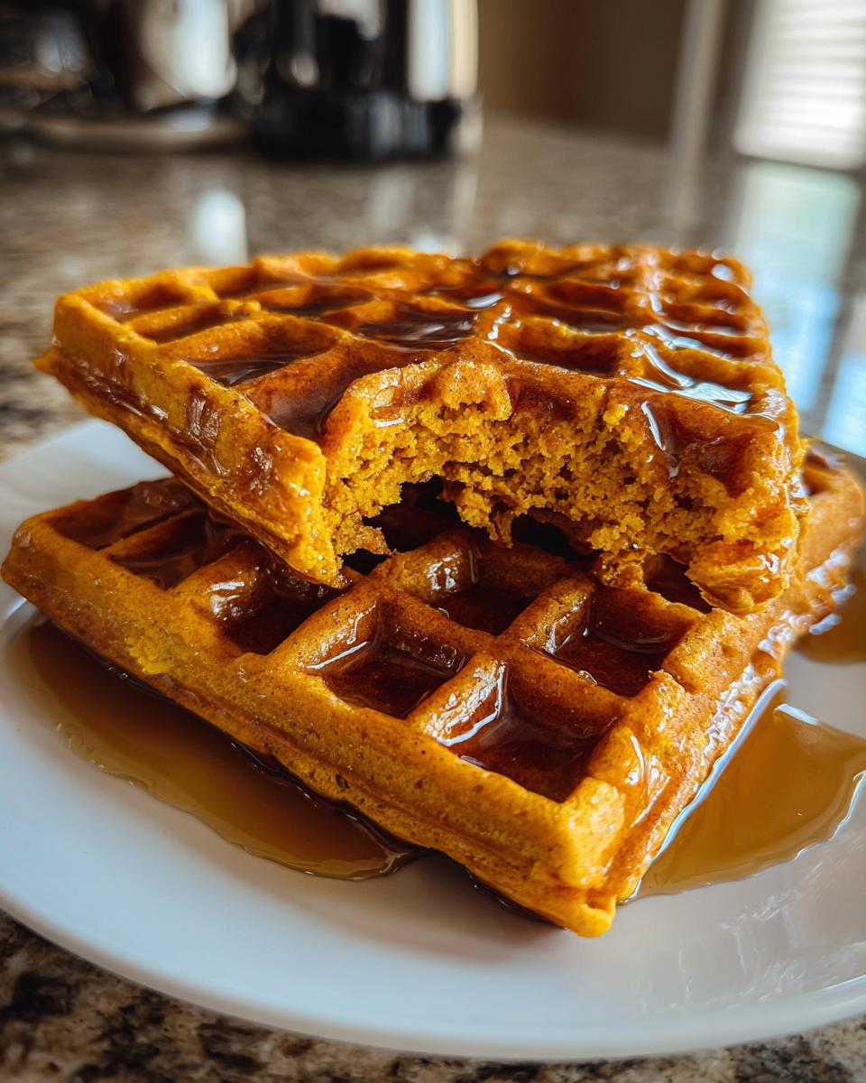 Close-up of two stacked, golden-brown pumpkin waffles dripping with syrup, showing the fluffy interior.