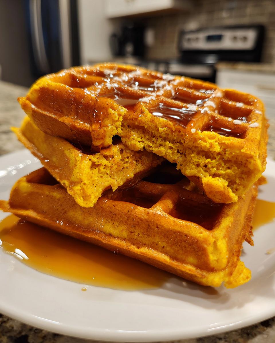 Close-up of a stack of three golden-orange pumpkin waffles, drizzled with syrup and topped with powdered sugar.