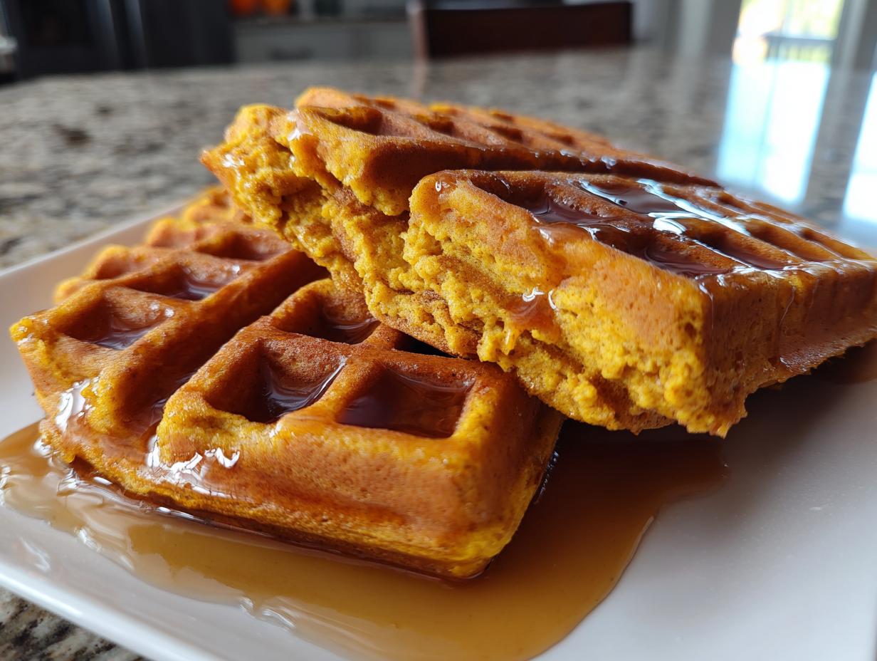 Close-up of a stack of golden-orange pumpkin waffles drizzled generously with maple syrup.