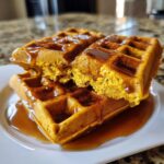 Close-up of two stacked, golden pumpkin waffles drizzled generously with maple syrup.
