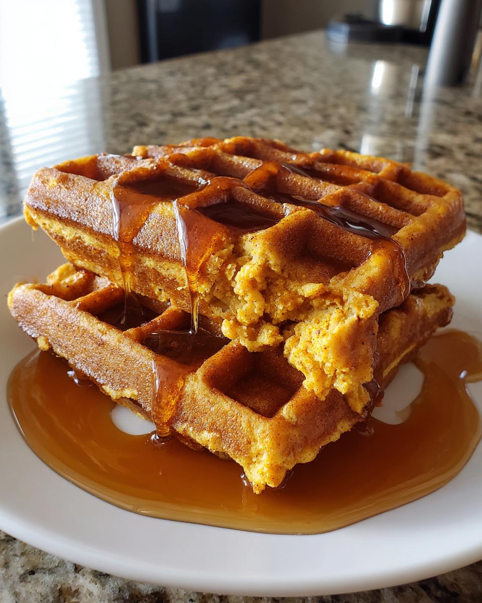 A close-up of two stacked, golden brown pumpkin waffles generously topped with dripping maple syrup on a white plate.