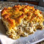 A close-up of a creamy, cheesy slice of amazing 6-ingredient rice casserole with a golden, crunchy topping.
