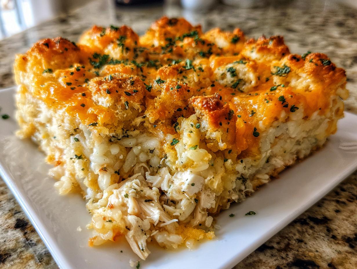 A close-up slice of cheesy, baked rice casserole showing shredded chicken mixed with rice and topped with melted cheddar and parsley.