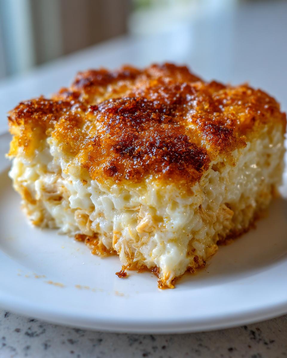 A close-up of a square slice of creamy rice casserole with a deeply browned, caramelized top crust.