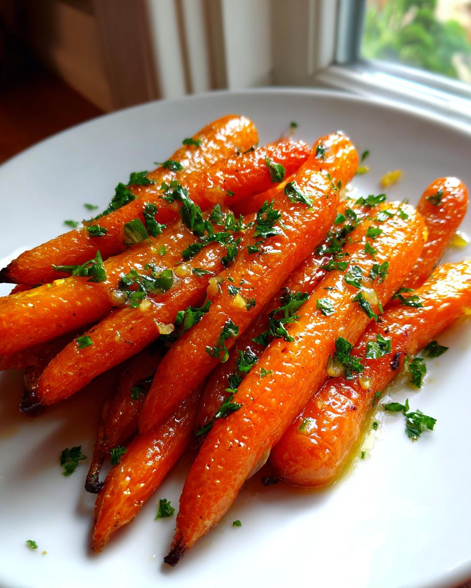 Close-up of glossy, glazed roasted baby carrots topped with fresh chopped parsley.