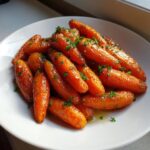 A close-up of glossy, glazed roasted baby carrots sprinkled with fresh parsley on a white plate.