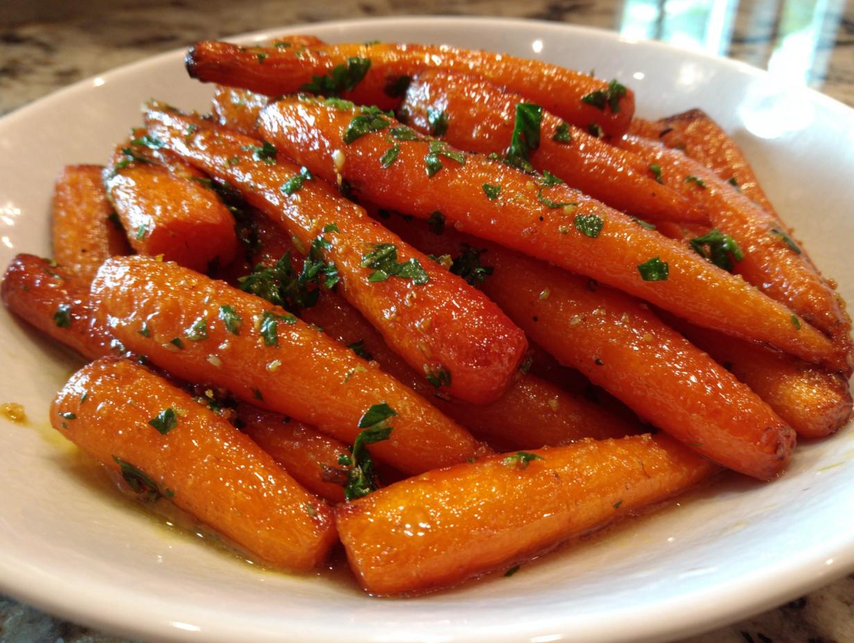 Close-up of glossy, glazed roasted baby carrots sprinkled with fresh green parsley in a white bowl.