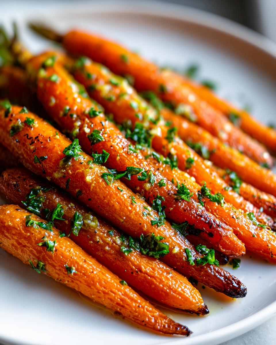 Close-up of glistening, perfectly roasted baby carrots topped with fresh green herbs and garlic.