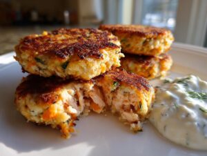 Close-up of perfectly browned salmon cakes, one broken open to show flaky interior, served with creamy dill sauce.