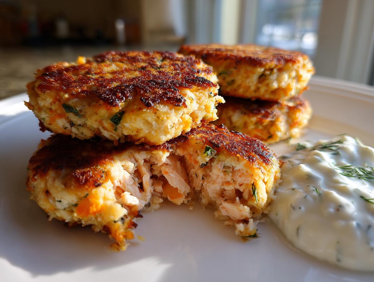 Close-up of perfectly browned salmon cakes, one broken open to show flaky interior, served with creamy dill sauce.