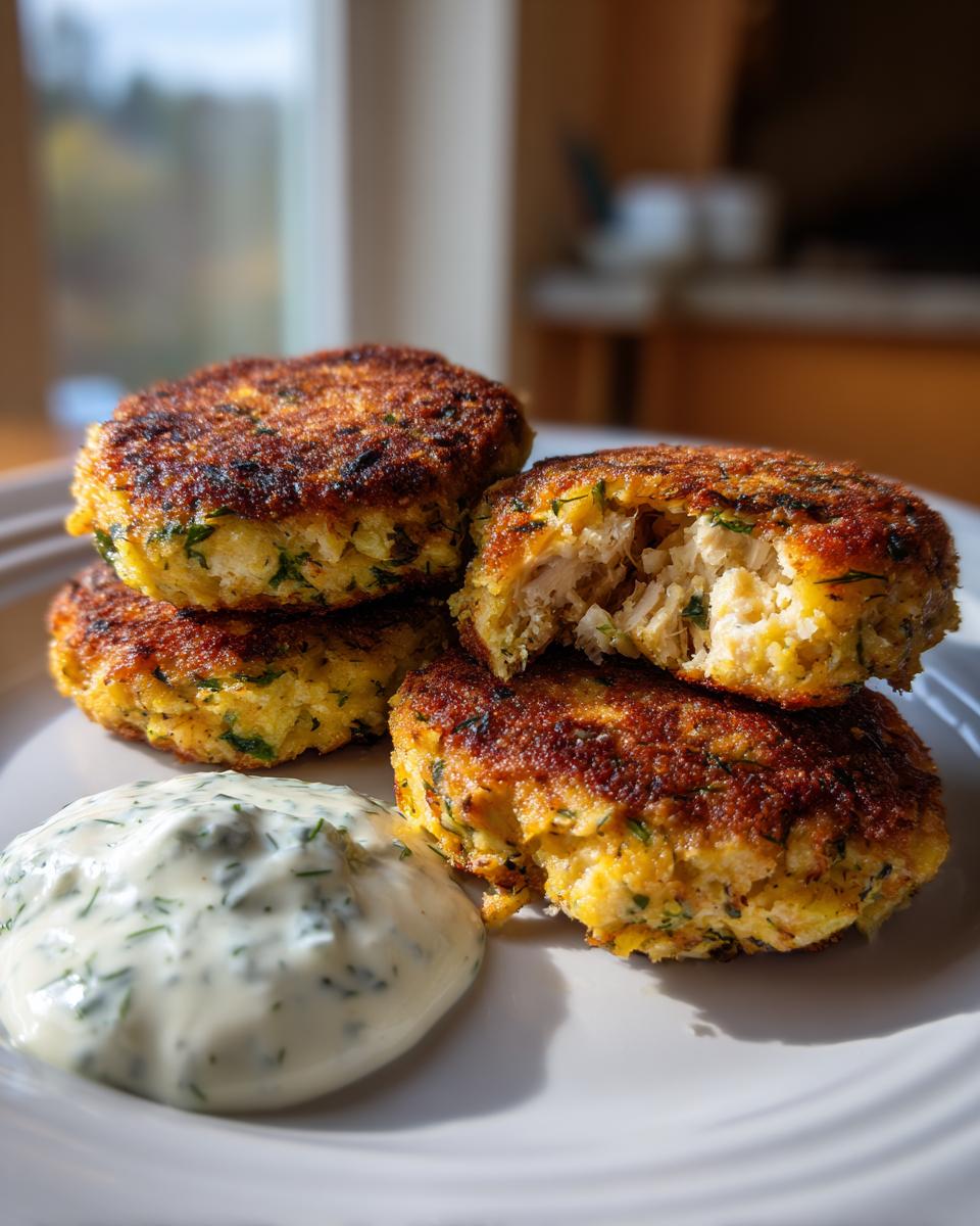 A stack of four perfectly pan-fried salmon cakes served with a dollop of creamy dill sauce on a white plate.