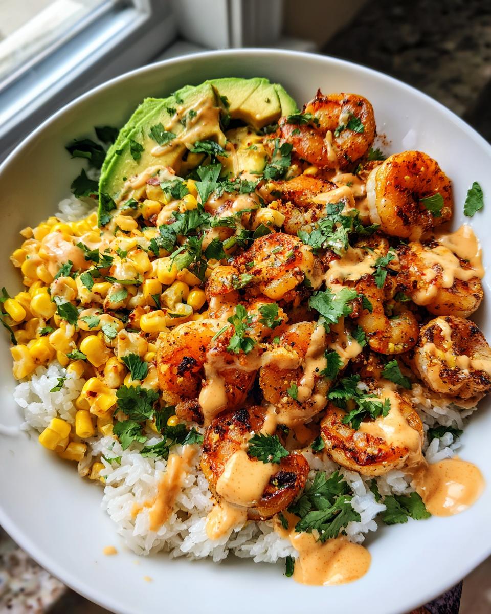 Close-up of a vibrant shrimp bowl featuring seasoned shrimp, white rice, corn, avocado slices, and a creamy orange sauce.