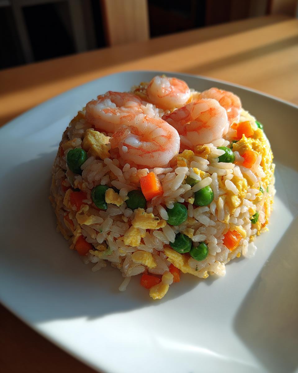 A beautifully molded serving of shrimp fried rice topped with five succulent shrimp, peas, and scrambled egg.