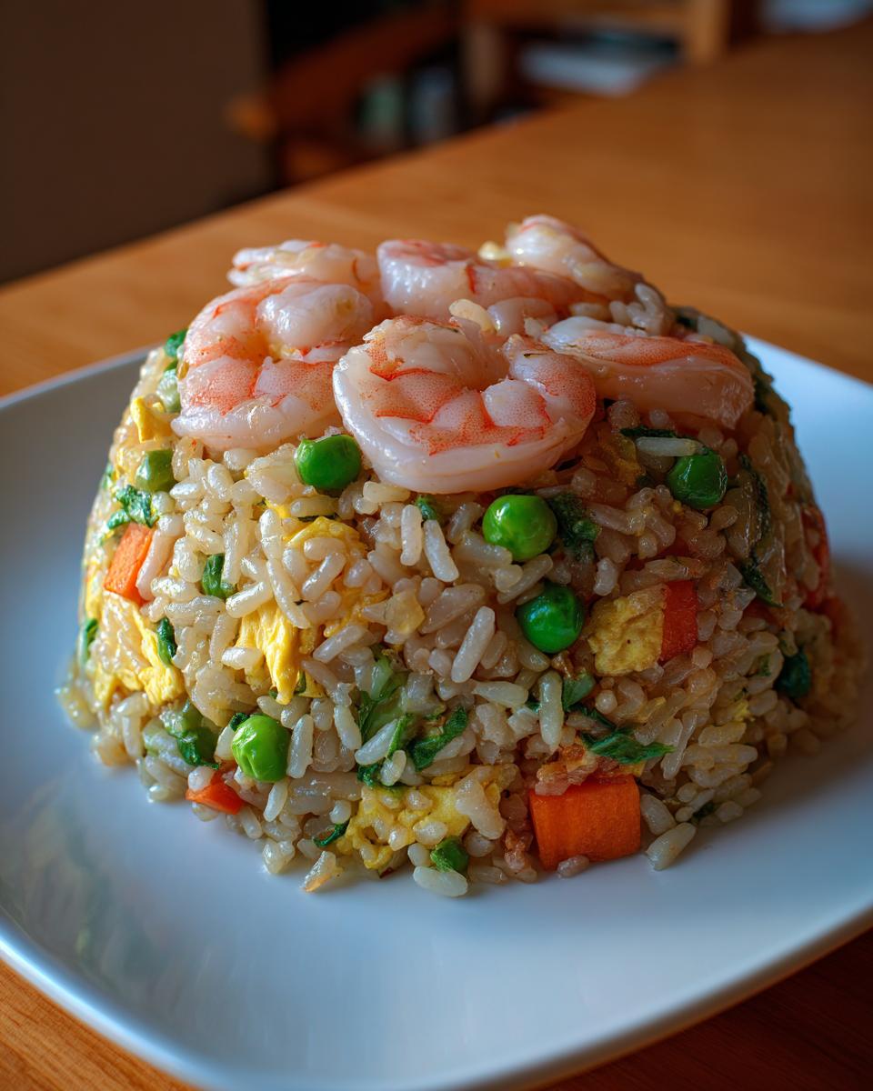 A dome-shaped serving of homemade shrimp fried rice topped with perfectly cooked pink shrimp, peas, and carrots.