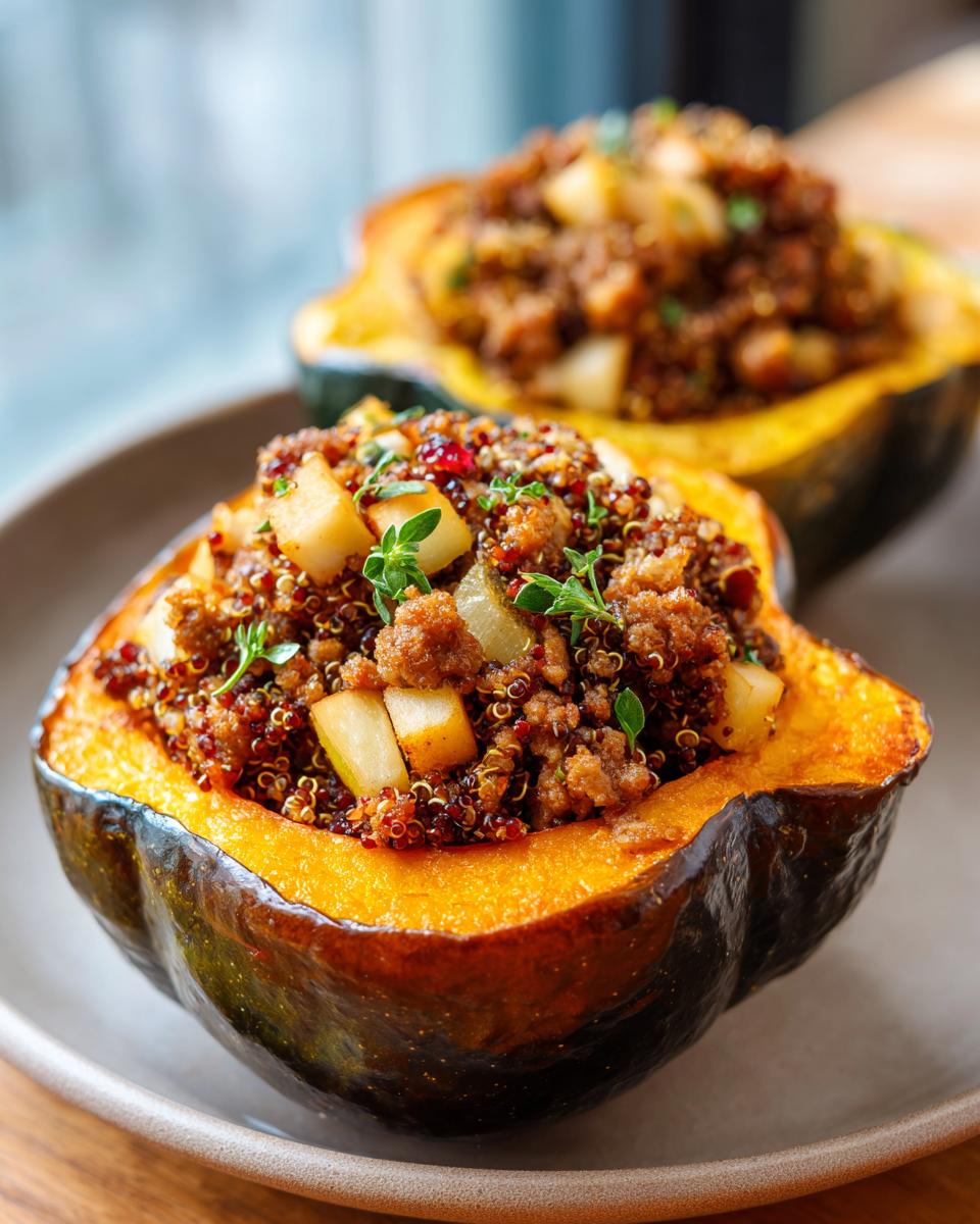 A halved, roasted acorn squash filled with a savory stuffing of red quinoa, ground meat, and diced apples, garnished with thyme. This is a perfect stuffed acorn squash.