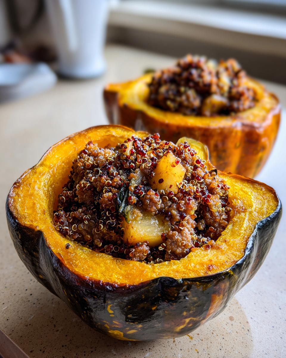 A close-up of a roasted acorn squash half filled with a savory, colorful quinoa stuffing, showcasing the amazing stuffed acorn squash recipe.