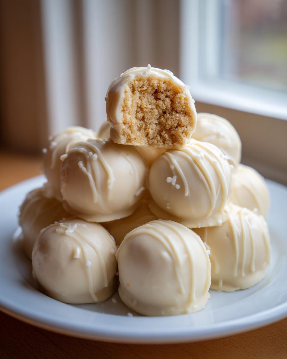 A stack of white chocolate-covered sugar cookie truffles, with one bitten open showing the soft interior.