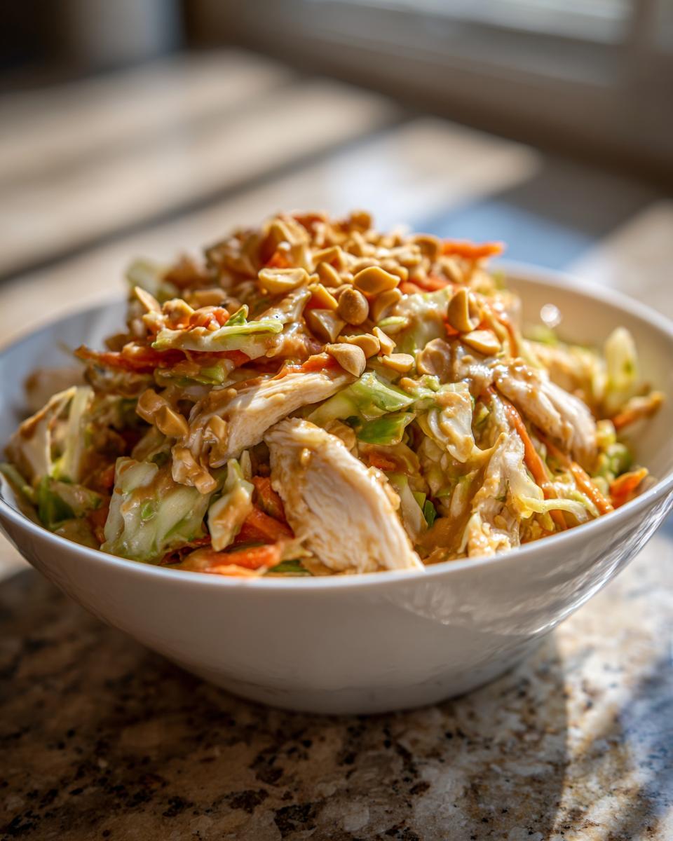 A white bowl filled with vibrant thai chicken salad, featuring shredded chicken, carrots, cabbage, and topped generously with crushed peanuts.