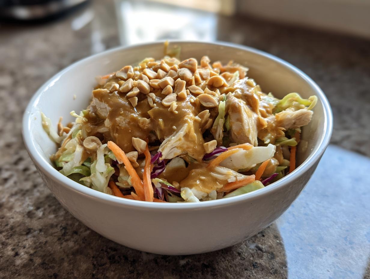 A white bowl filled with amazing thai chicken salad, topped with peanut sauce and chopped peanuts.