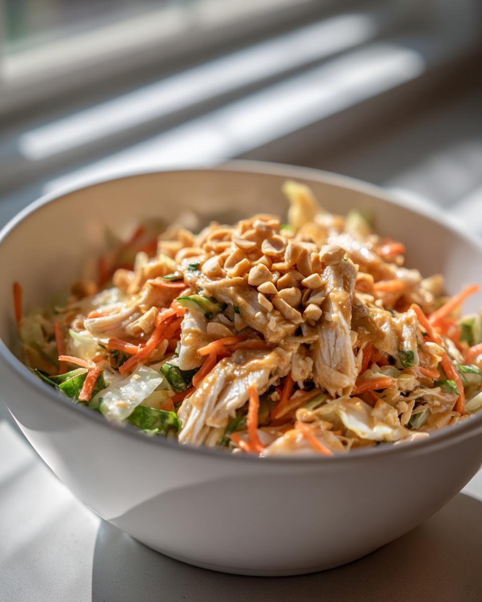 A close-up of amazing thai chicken salad topped with shredded chicken, carrots, and crushed peanuts in a white bowl.