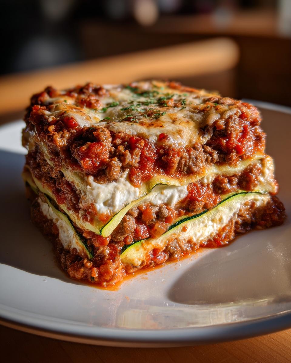 A tall, layered slice of zucchini lasagna featuring zucchini noodles, rich meat sauce, and melted cheese topping.