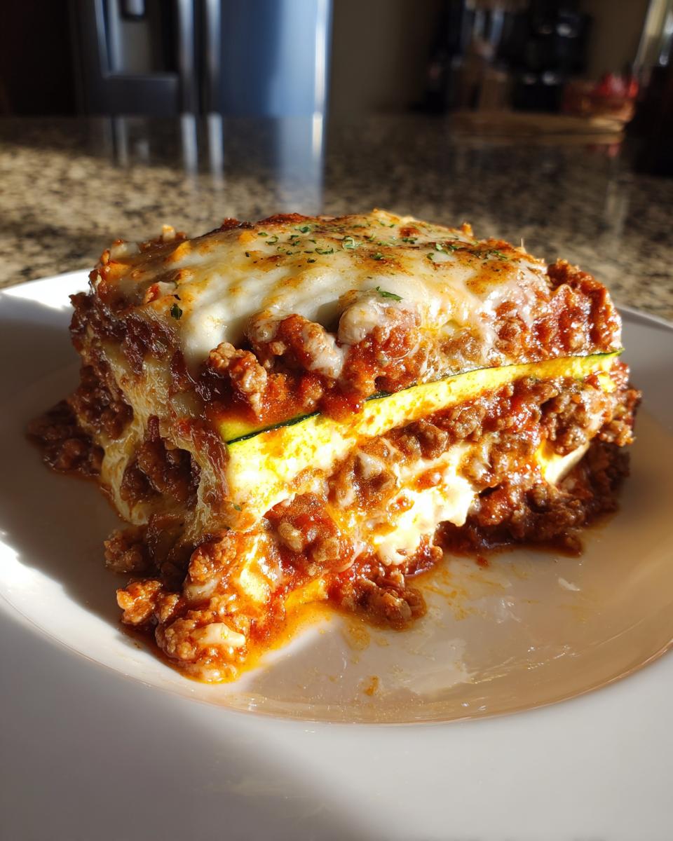 A hearty slice of amazing zucchini lasagna layered with meat sauce and melted cheese, served on a white plate.