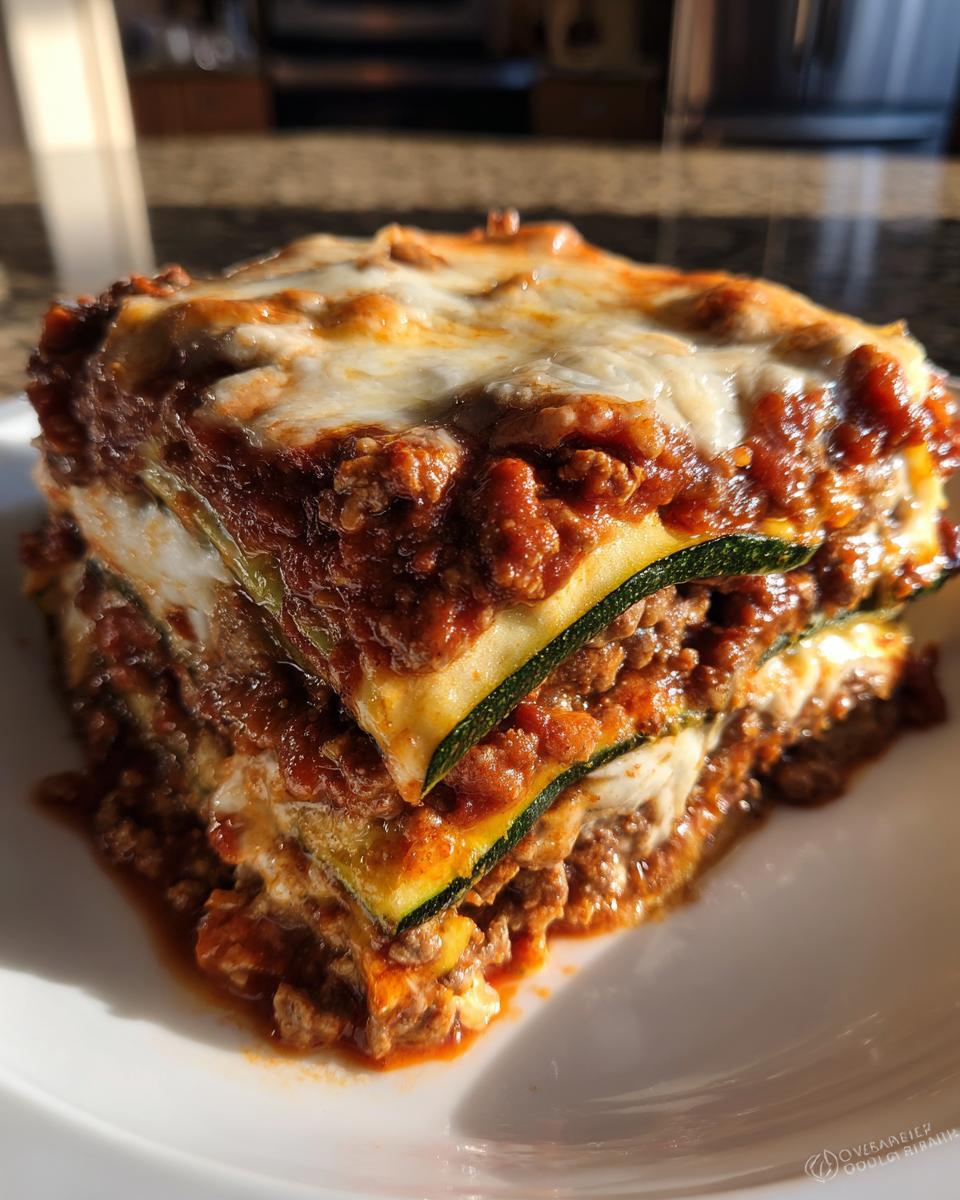 Close-up of a layered slice of zucchini lasagna with rich meat sauce and melted cheese topping.