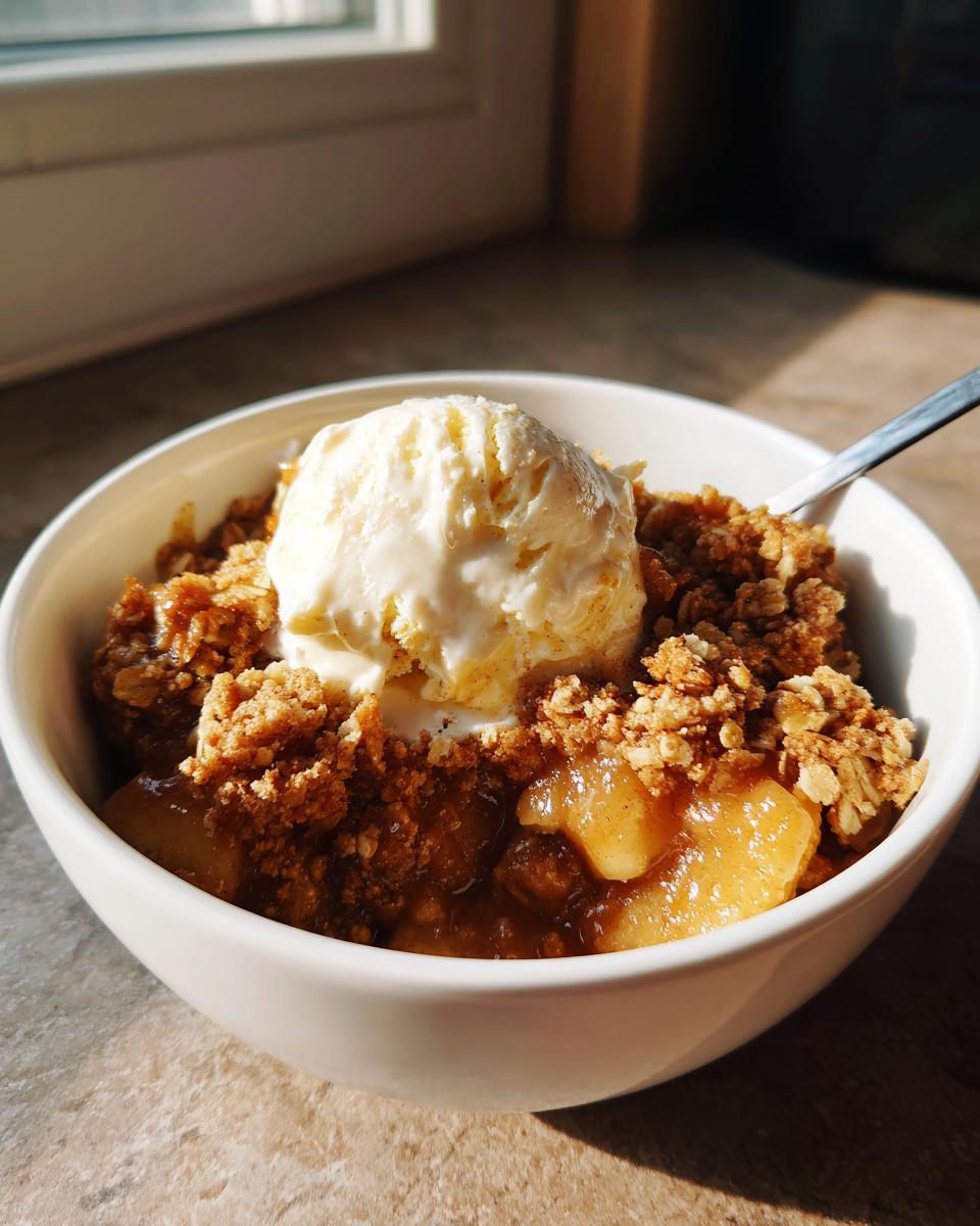 A warm bowl of apple crisp recipe topped with a melting scoop of vanilla ice cream, served near a sunlit window.
