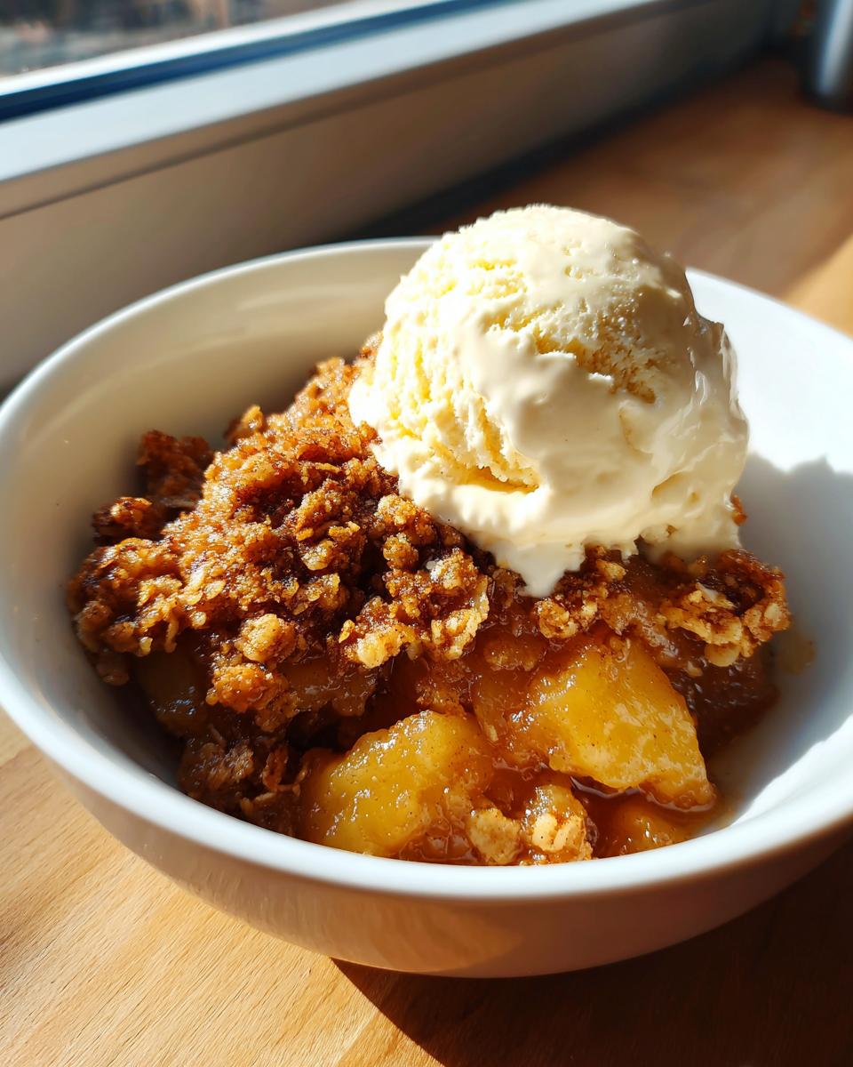 A warm scoop of apple crisp recipe topped with melting vanilla ice cream in a white bowl.