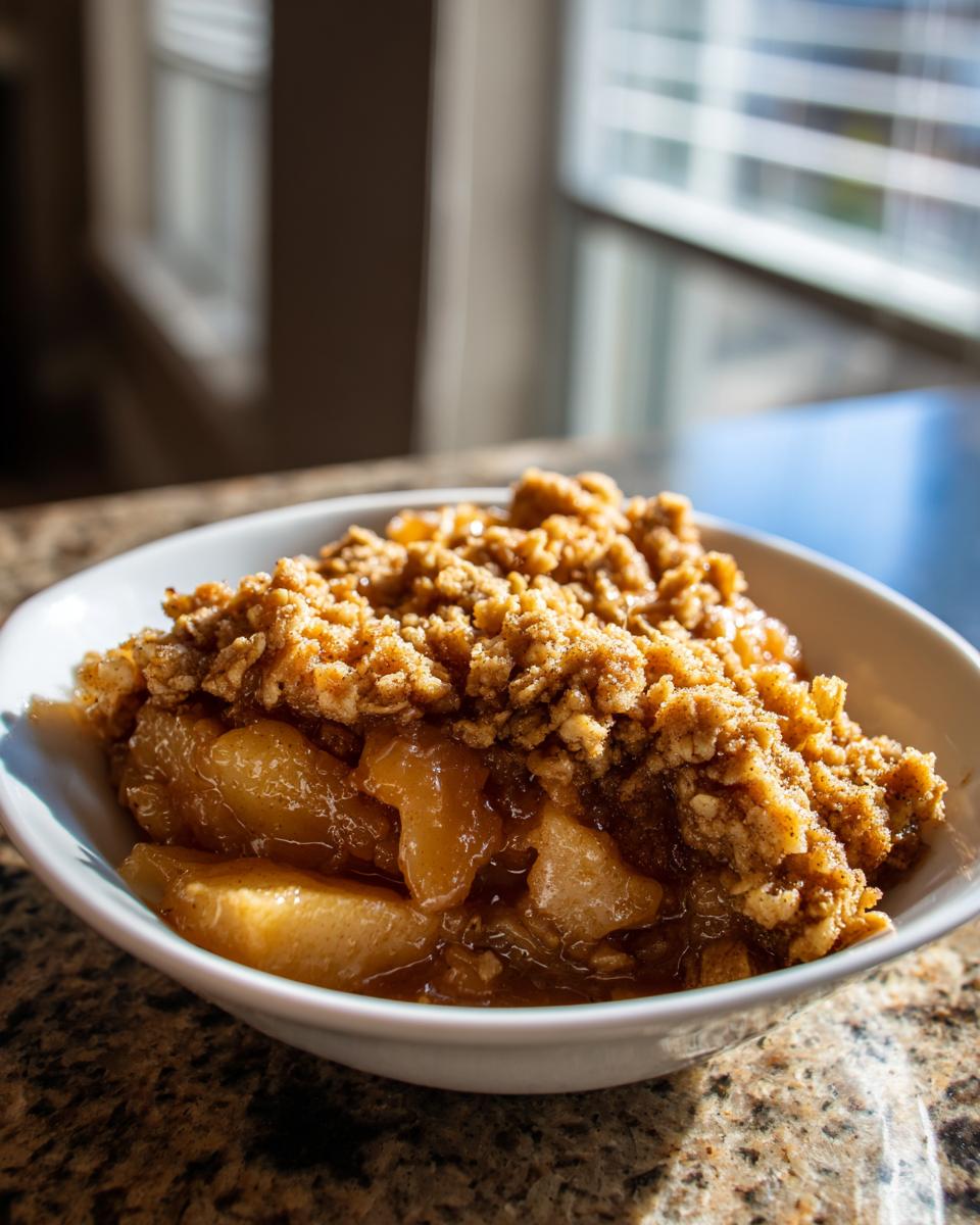 Close-up of a bowl filled with warm, caramelized apples topped with a thick, crunchy oat streusel from the apple crisp recipe.