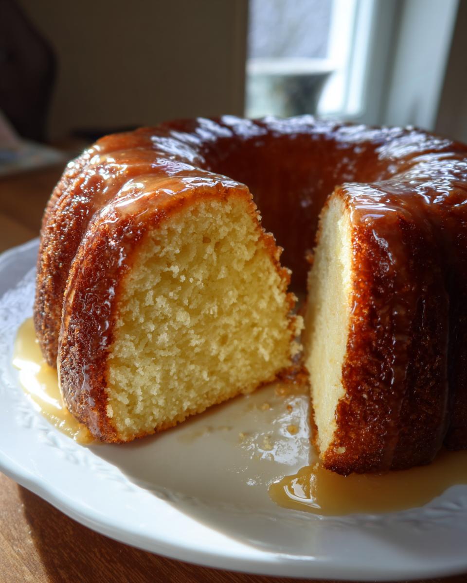 A rich, golden Bacardi rum cake with a thick, shiny glaze, sitting on a white plate with one slice cut out.