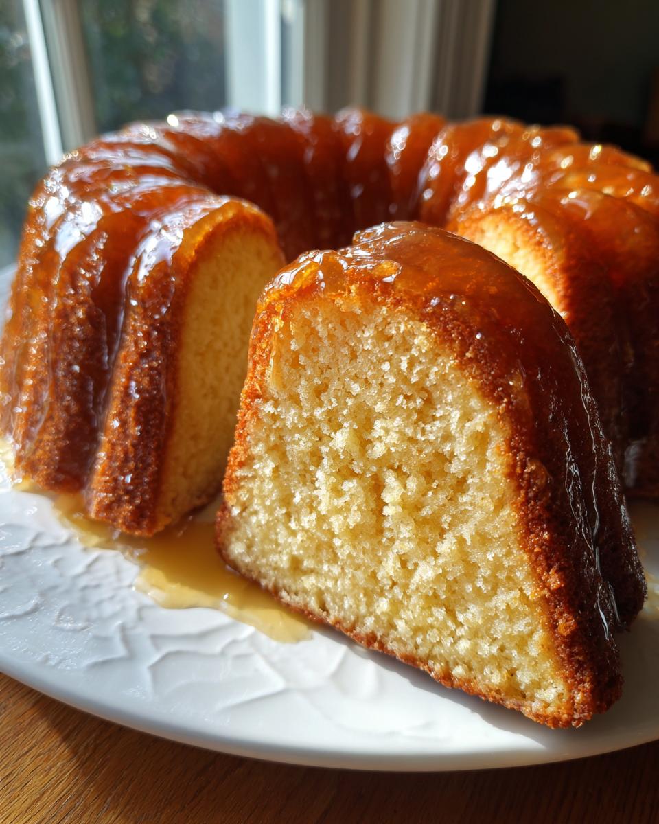 Close-up of a slice cut from a glistening Bacardi rum cake, showing the moist crumb and rich rum glaze.