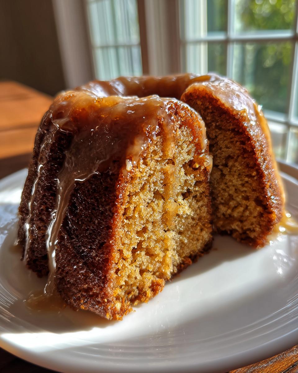 A close-up of a slice cut from a Bacardi Rum Cake, drizzled with a rich, amber glaze.