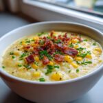 A creamy bowl of homemade corn chowder recipe topped generously with crispy bacon bits and fresh chives.